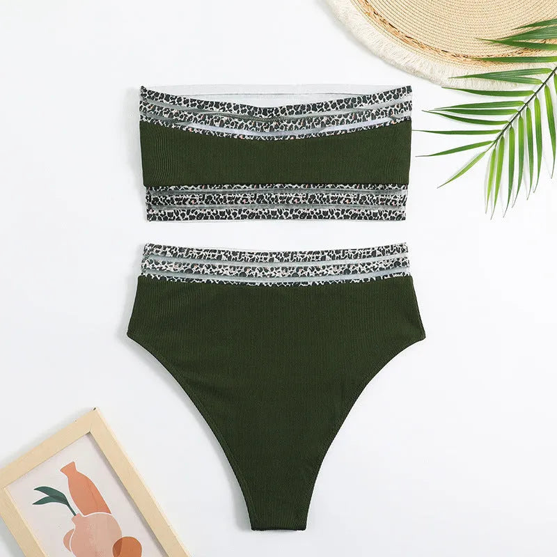 Black leopard print strapless swimsuit with colour block design and brief style