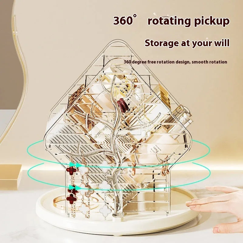 Rotating cosmetics storage box in clear and amber gold plastic with 360-degree rotation