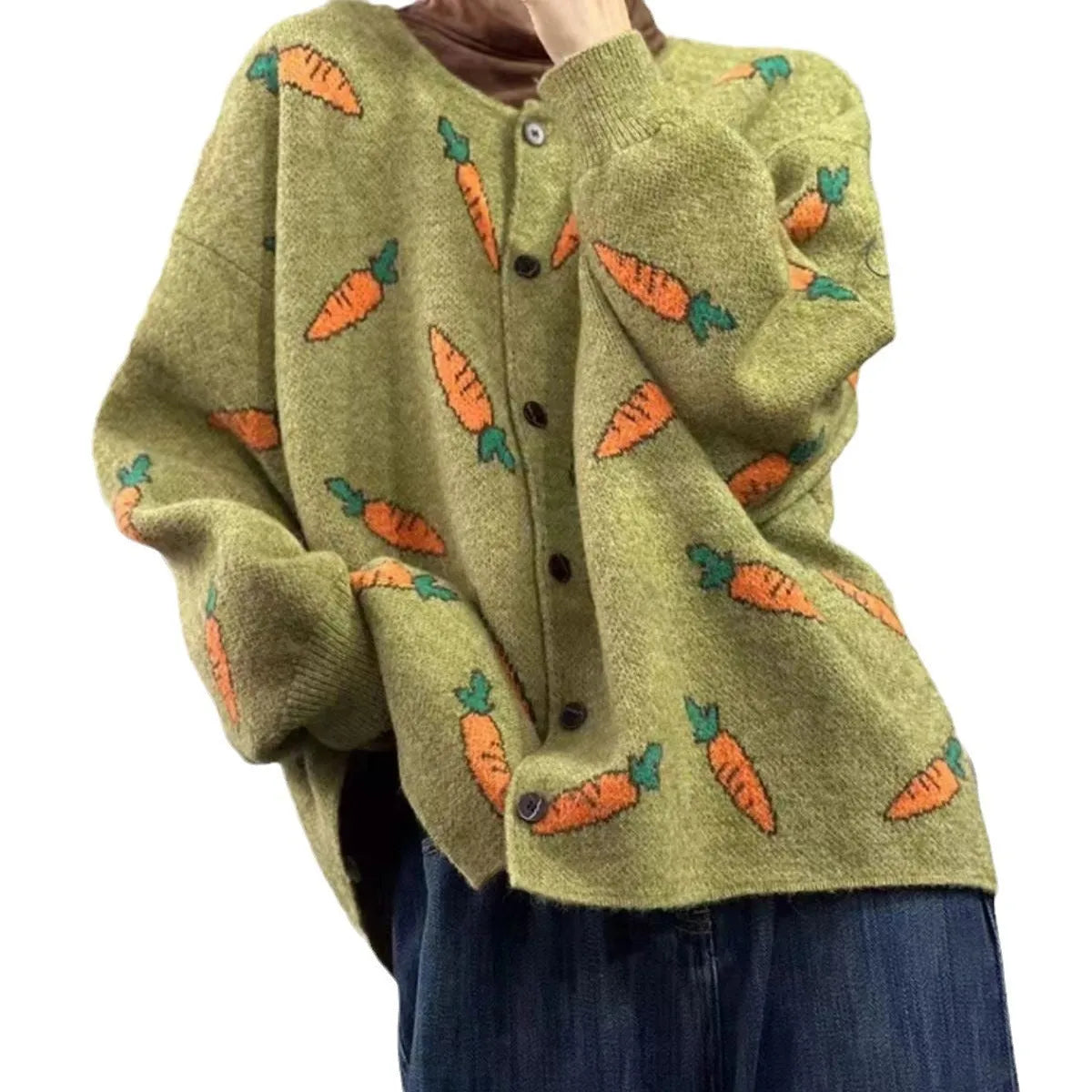 Women's loose round neck cardigan with artistic colour contrast printing, made from viscose fibre.