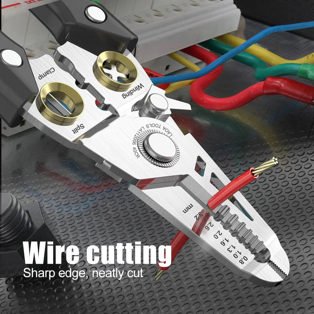 Professional 7-in-1 stainless steel wire stripper tool with two-colour handle and labelled stripping ports.