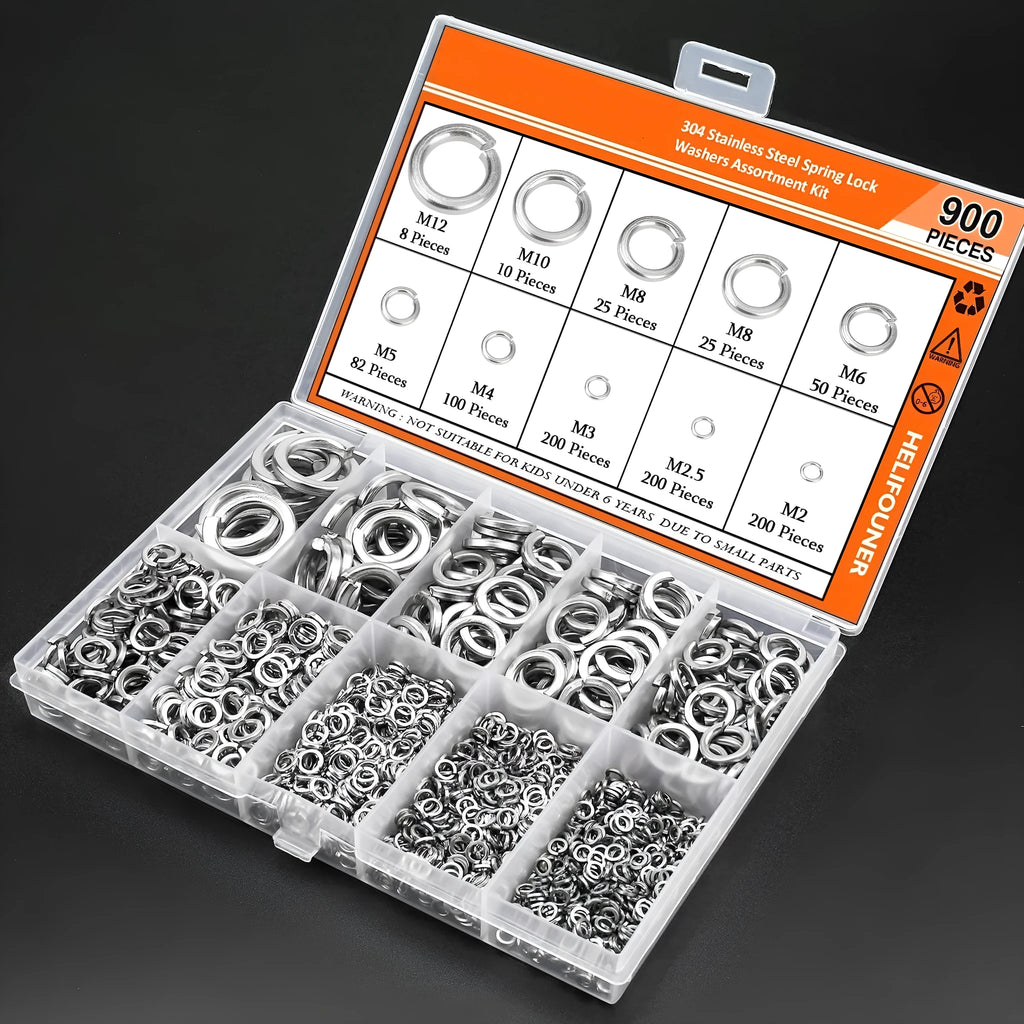304 stainless steel spring lock washer combination box with 900 pieces in assorted sizes from M2 to M12