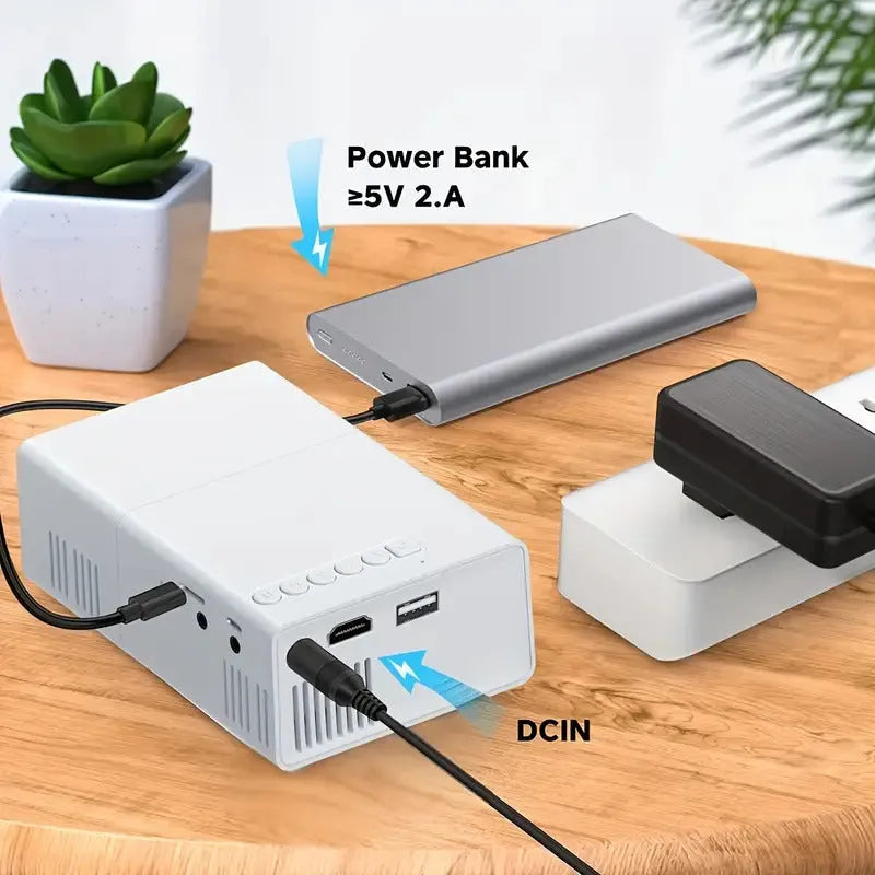 M100 portable mini LED projector in black and white options with remote control and cables