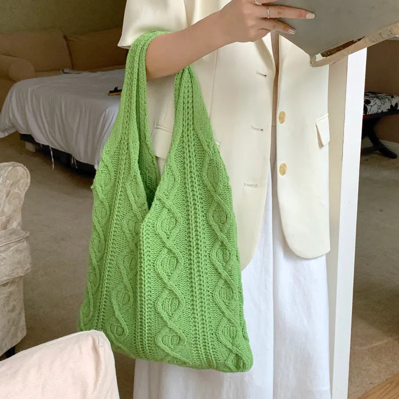 Retro hollow knitted women's shoulder tote bag in polyester yarn with double straps