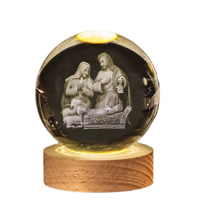White crystal ball ornament with solid wood warm light base on desk surface