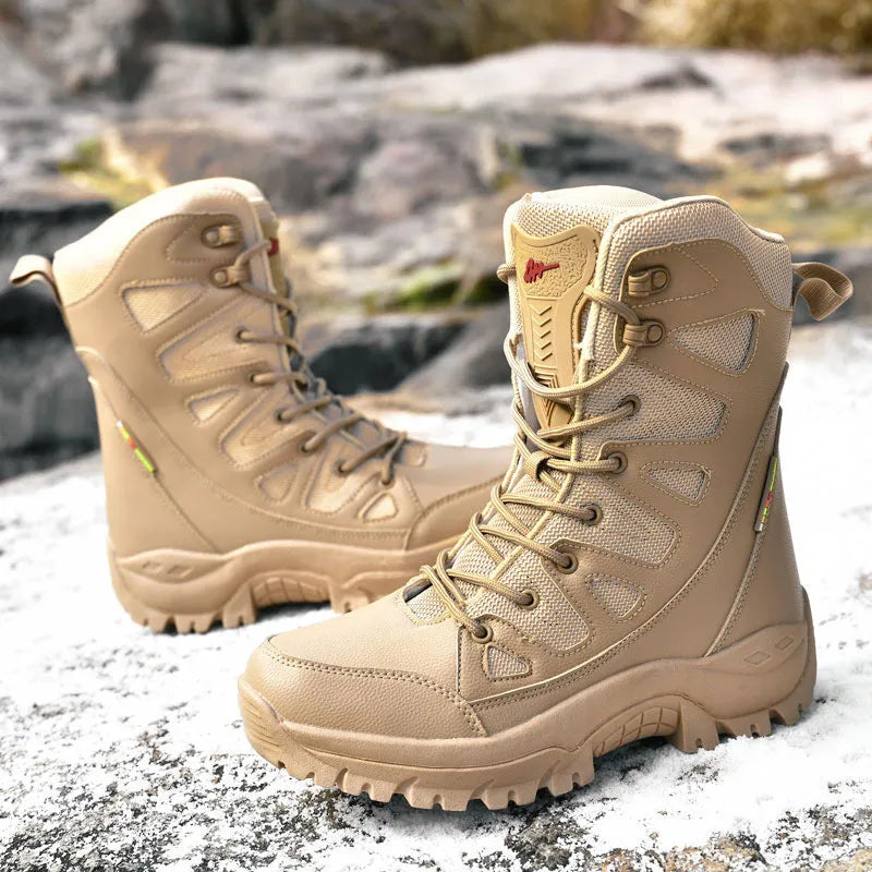 Hi-top hiking shoes with cowhide fabric construction available in black, brown, and beige colours