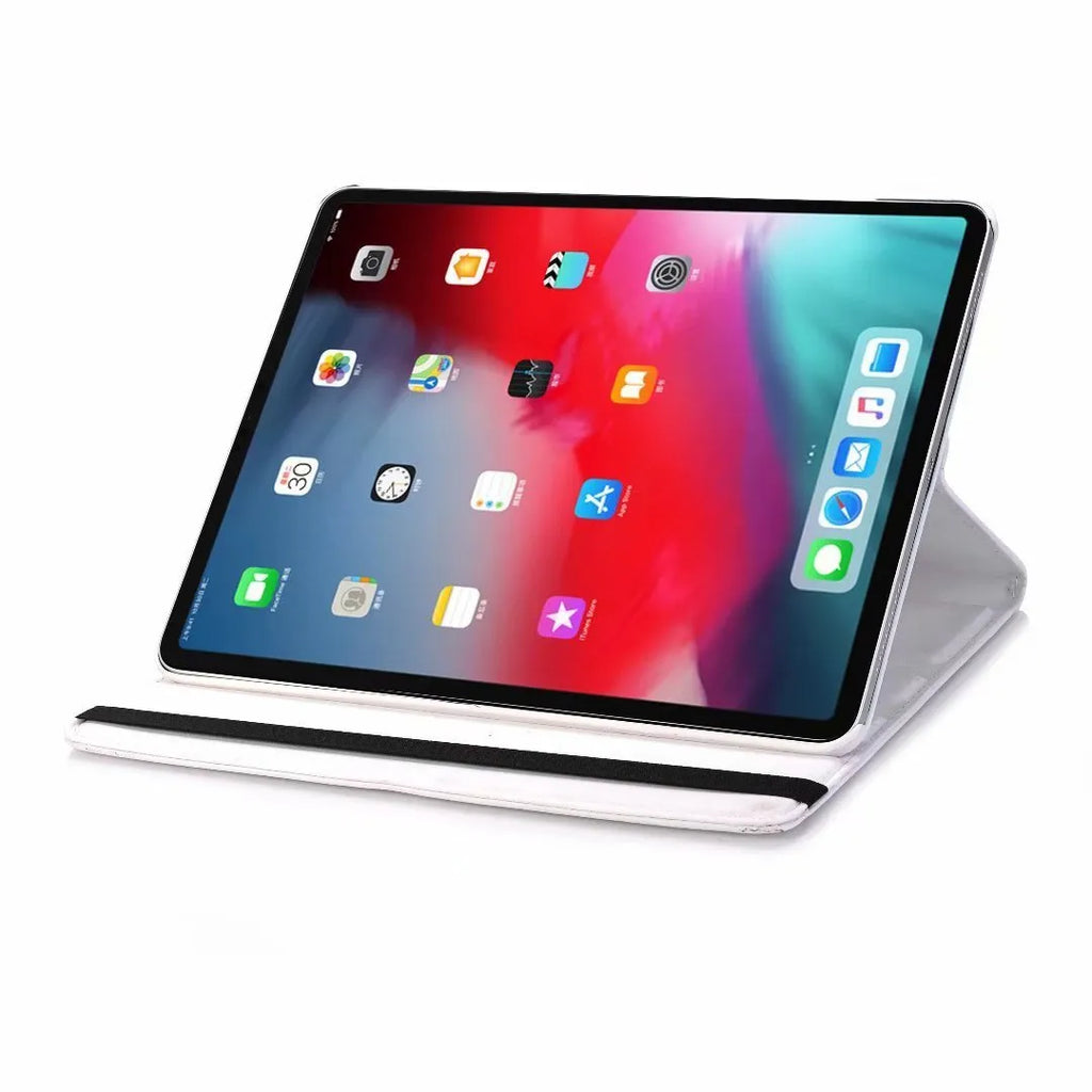 iPad rotating protective sleeve in imitation leather clamshell design showing rotation function and solid colour options