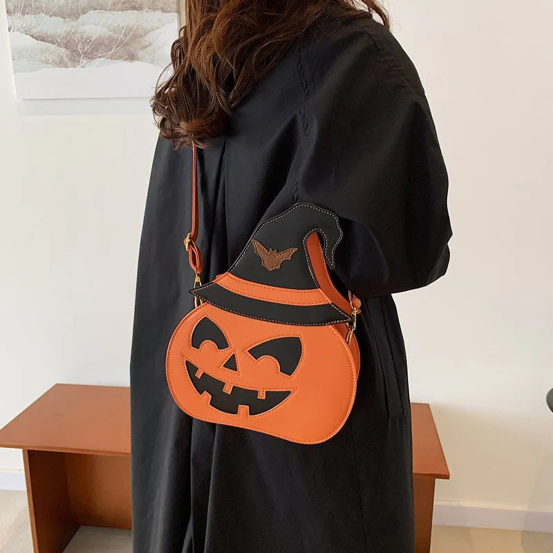 Orange pumpkin-shaped PU shoulder messenger bag for women with single strap