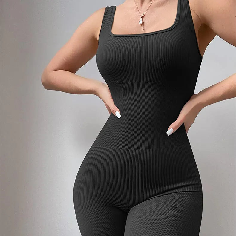 Women's long sleeve suspender tank top tights in spandex with button waist front