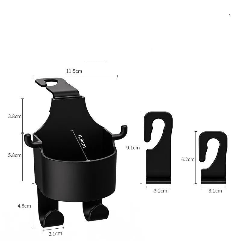Black plastic car seat back organiser with a cup holder and a hook.