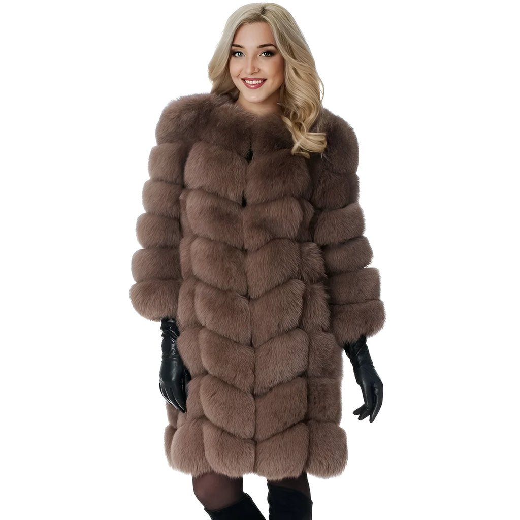 Women's long black artificial fur coat with regular sleeves, shown on a model.