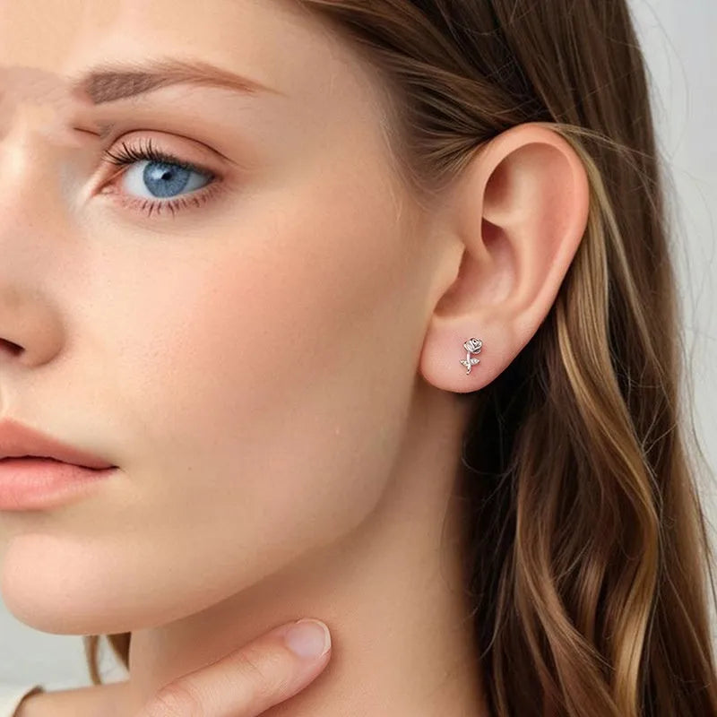 Three-dimensional rose stud earrings in S925 sterling silver, colour BSE1246, fairy style floral design