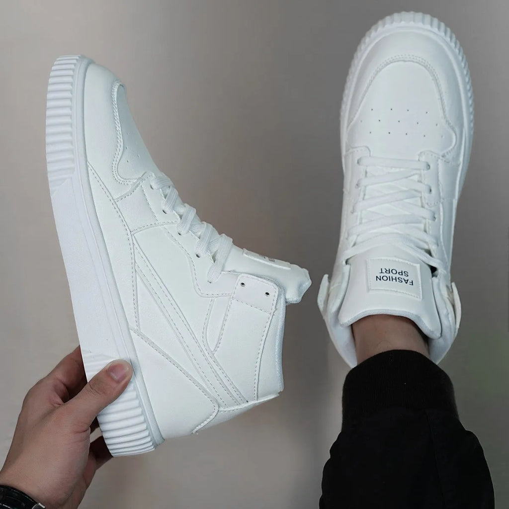 Men's white lace-up casual trainers with a microfiber upper and round toe on a plain background.