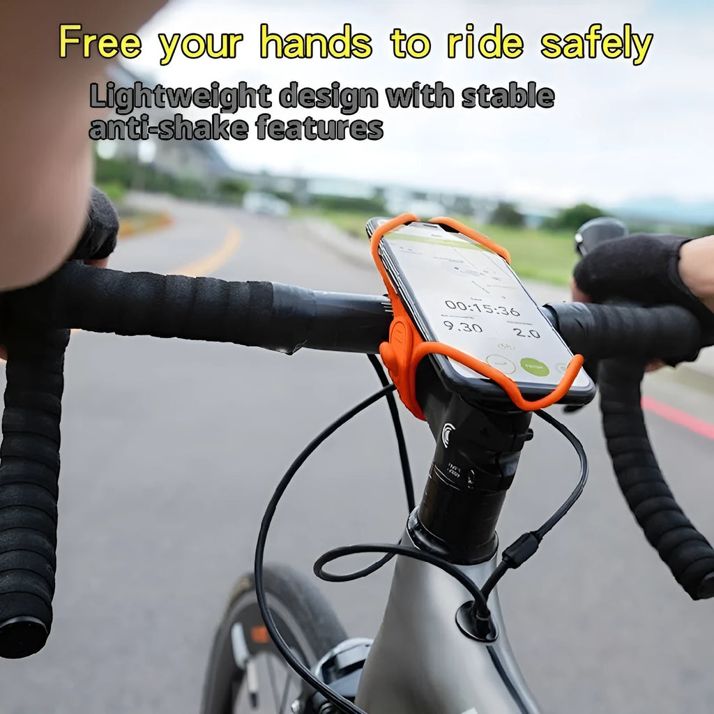 Universal adjustable plastic road bike phone mount in black, gray, and orange for handlebar cycling navigation