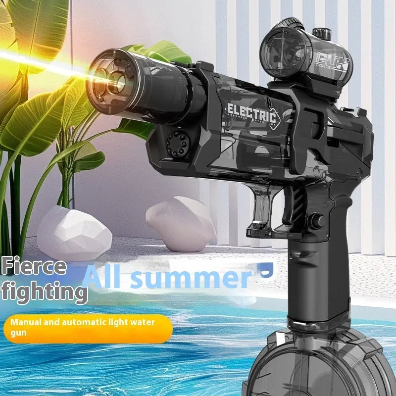Fire Rat electric water pistol toy with LED lights in multiple colour options including black, blue, and red