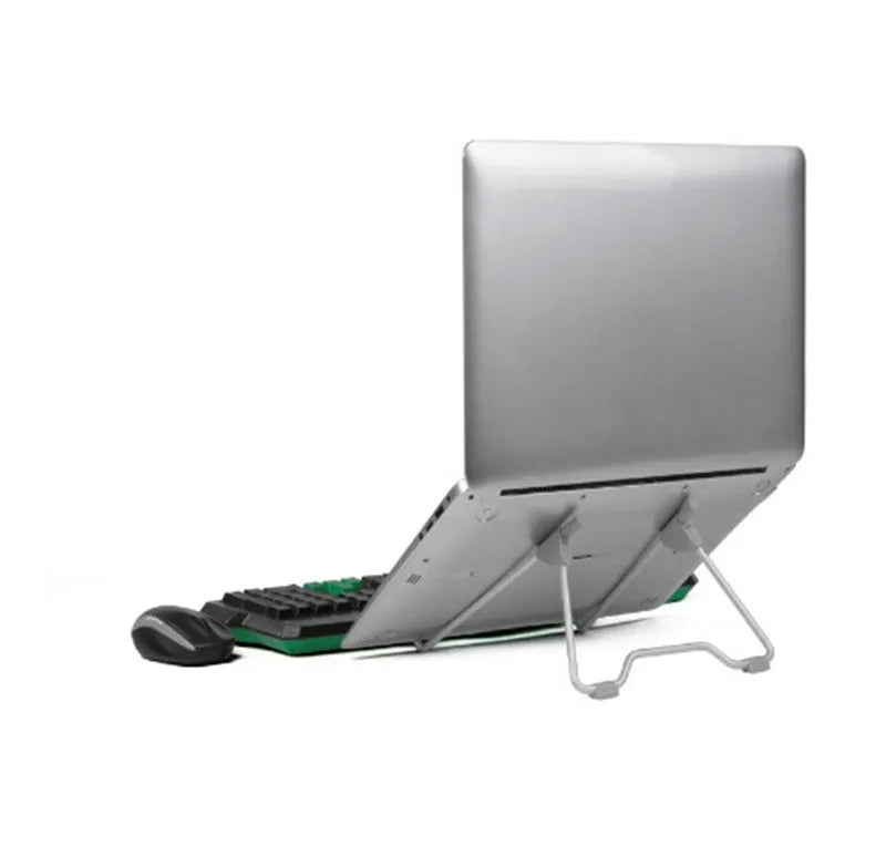 Grey aluminium alloy mobile phone stand with adjustable angle, holding a smartphone