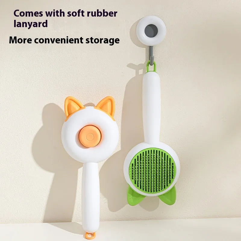 Self-cleaning cat comb grooming tool in greenish white colour with PP, TPR and stainless steel construction