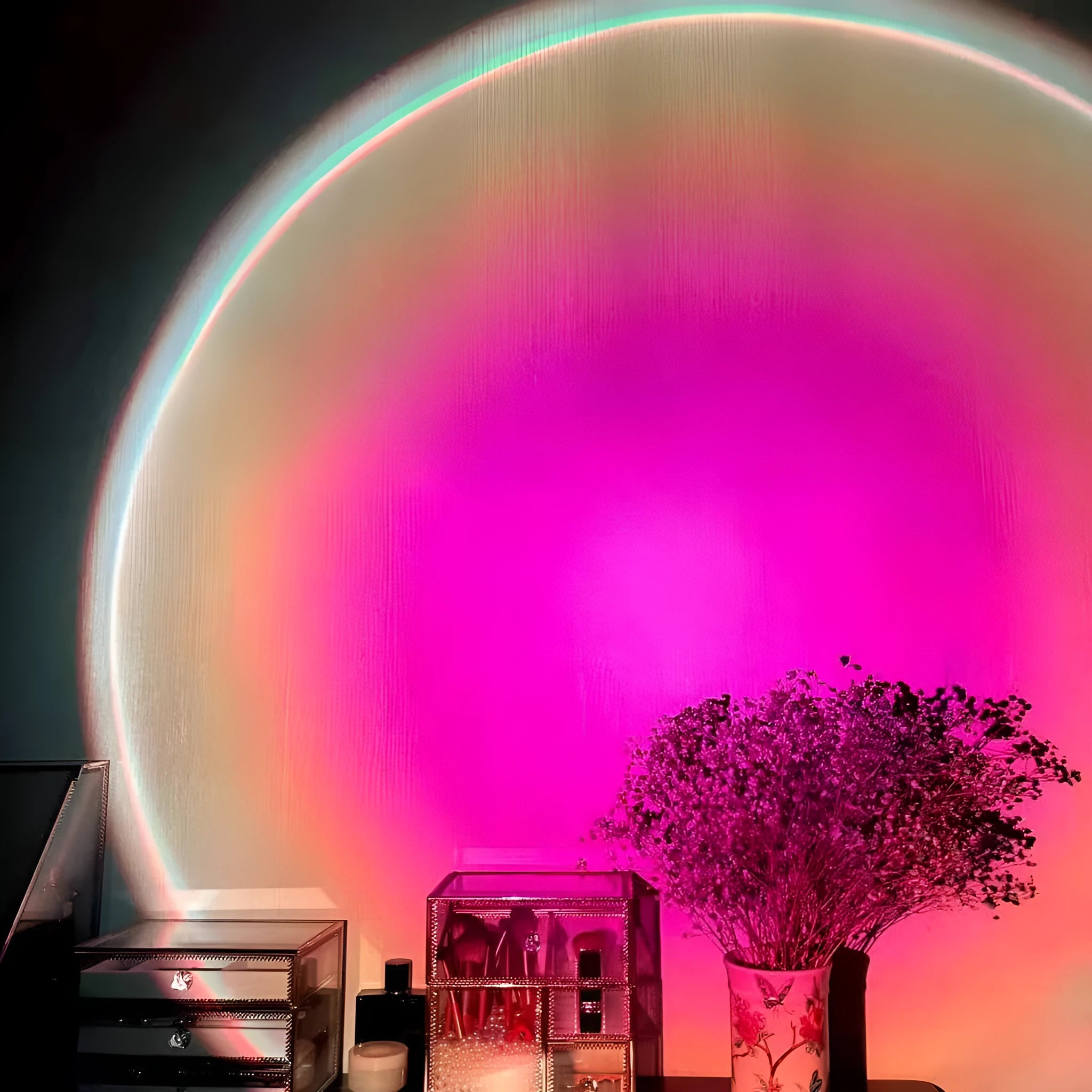 Rechargeable sunset projection lamp with USB cable showing rainbow and red light effect.