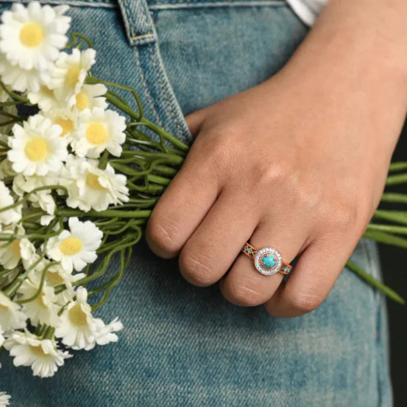 Women's geometric turquoise ring with rose gold plating and micro inlaid zircon stones