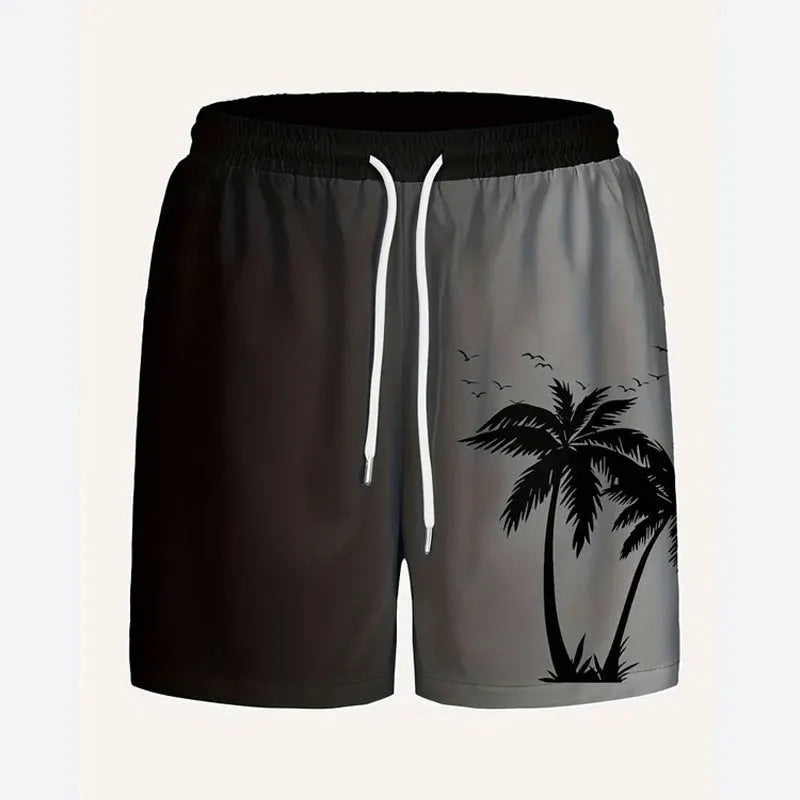 Man wearing loose blue polyester beach shorts on sand, showing relaxed fit and casual style.