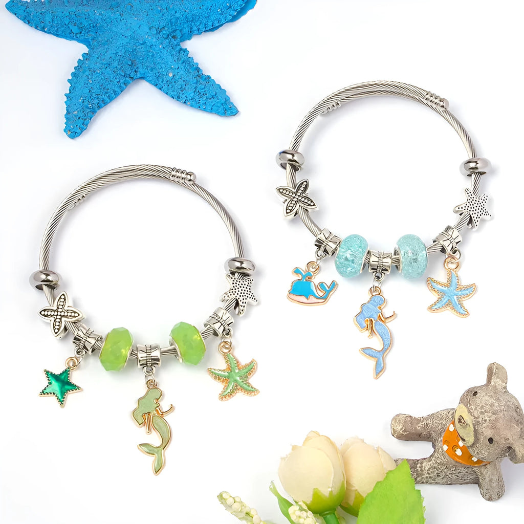 DIY open-end adjustable blue ocean series mermaid pendant bracelet multi-colour beaded alloy jewellery for women