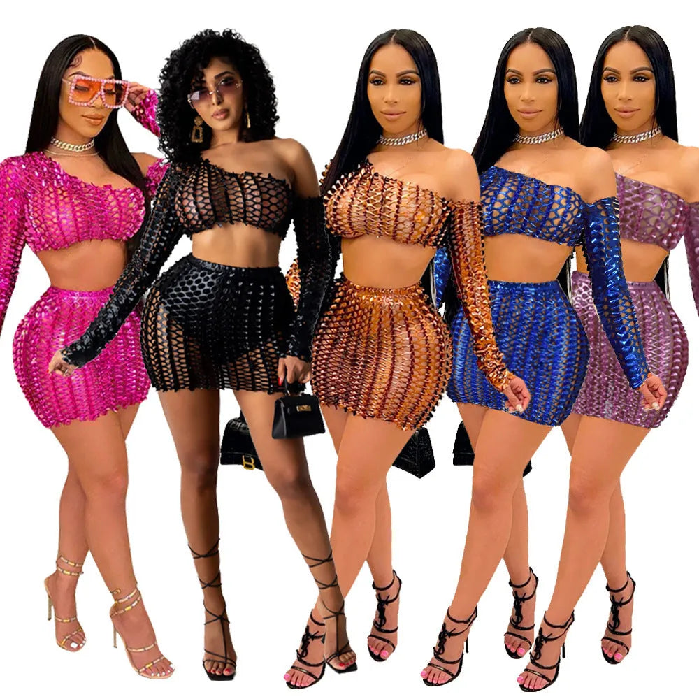 Women's two-piece dress set with hollow-out sleeveless top and short skirt in four colour options