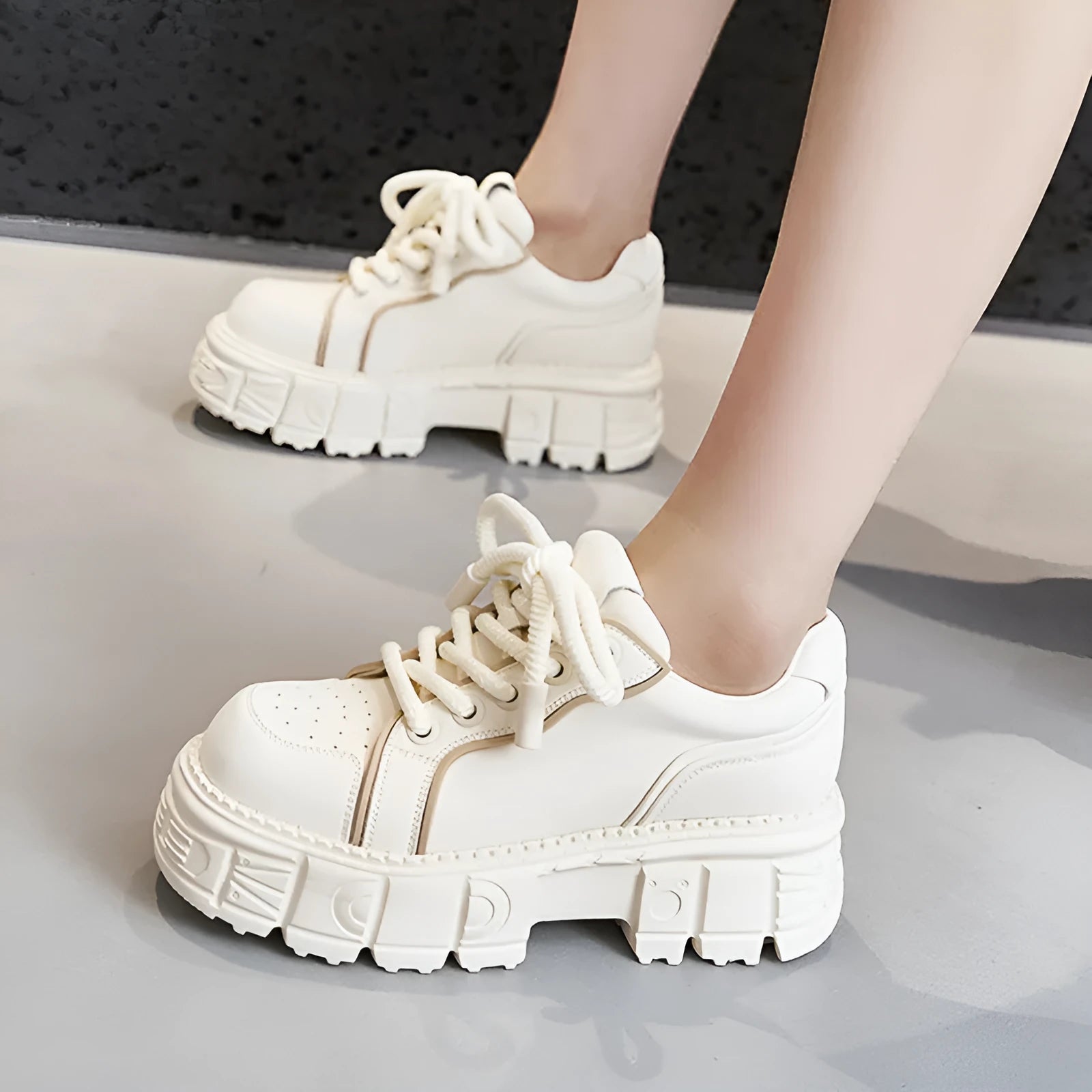 Beige and pink women's leather casual shoes with a raised rubber foam sole for height increase.