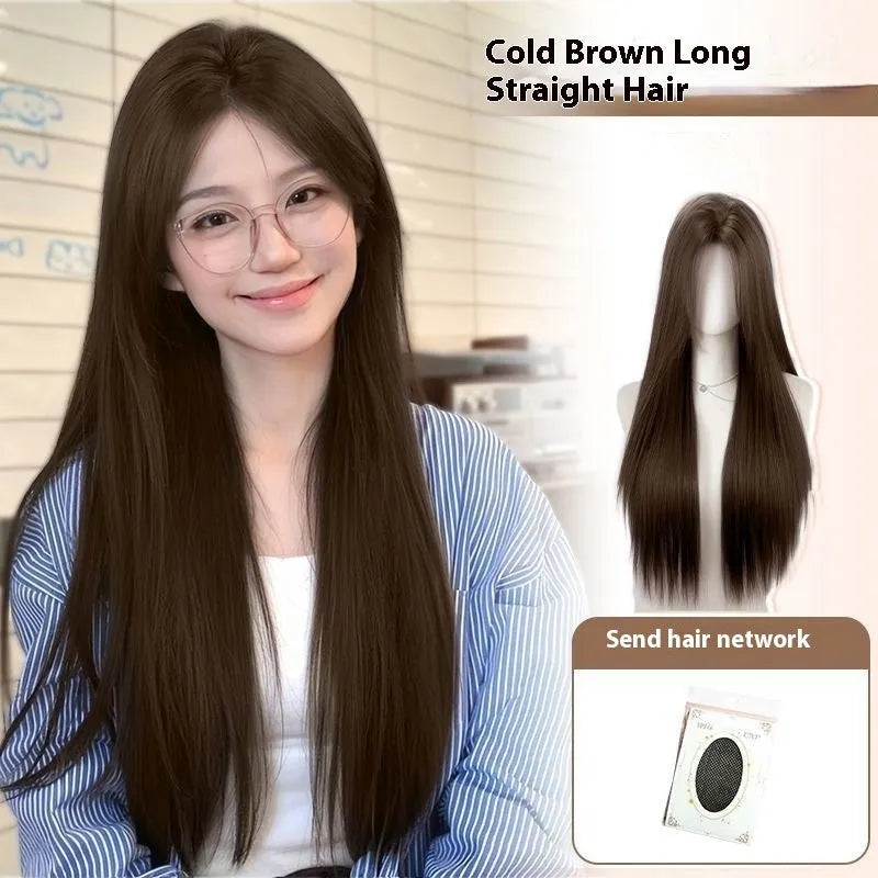 Full-head forehead lace mid-length straight wig in dark brown high temperature fibre on a mannequin