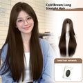Full-head forehead lace mid-length straight wig in dark brown high temperature fibre on a mannequin