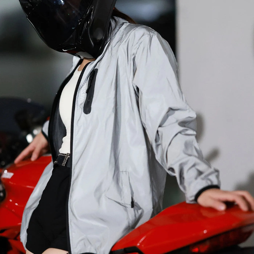 Silver waterproof polyester long sleeve windproof jacket shown flat