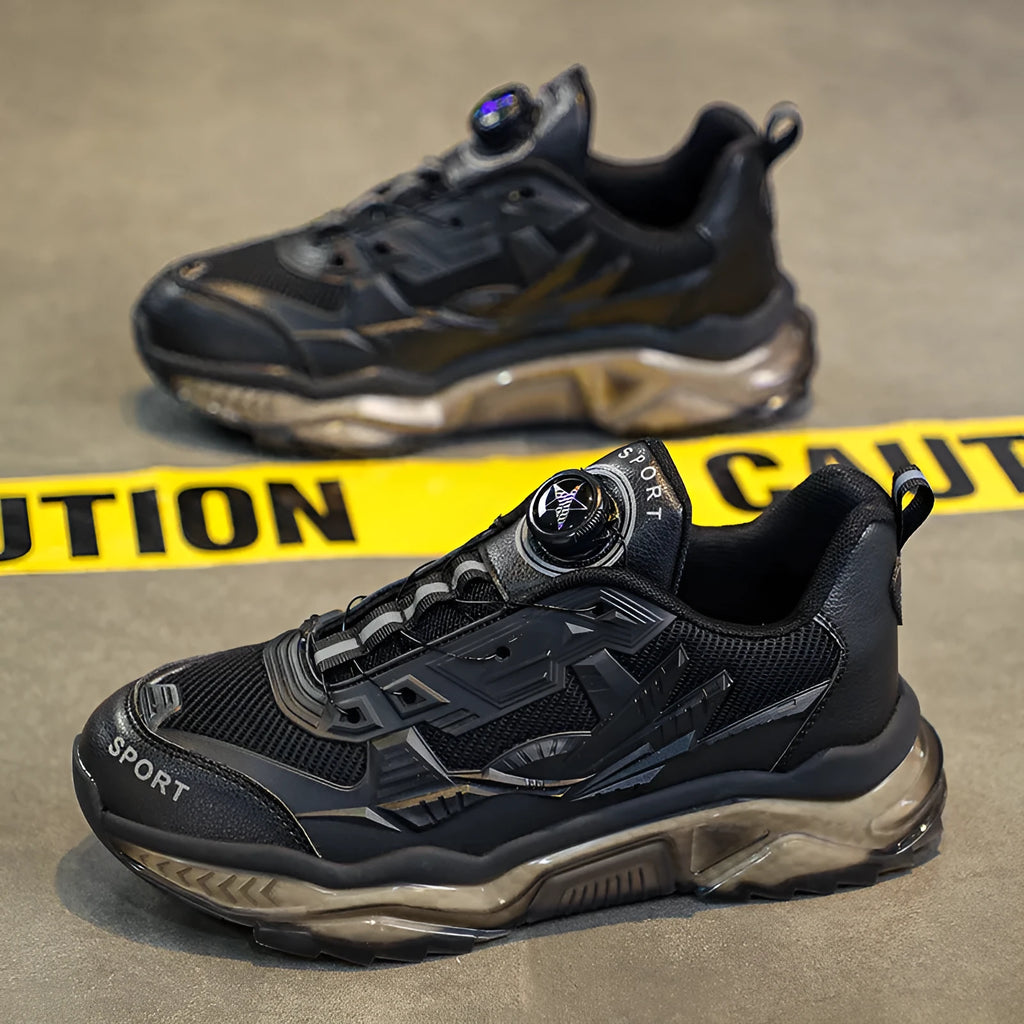 Men's black rotating button casual dad shoes with mesh upper and low platform sole.