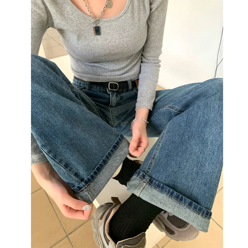 Women's retro blue high waist straight leg jeans in cotton denim showing front and back views