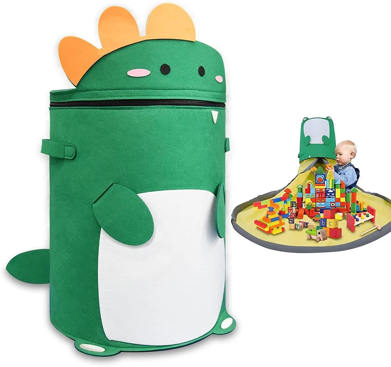 Green felt cube storage bag with pull rope that converts to flat play mat for toy organisation