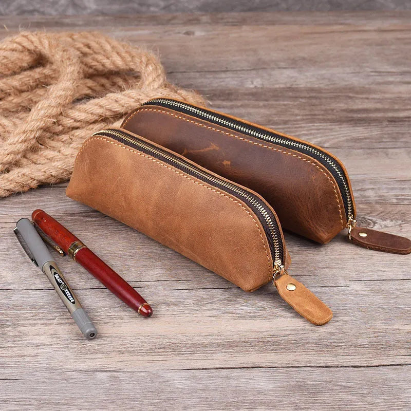 Genuine cowhide leather pencil case in square design with zipper closure measuring 18cm