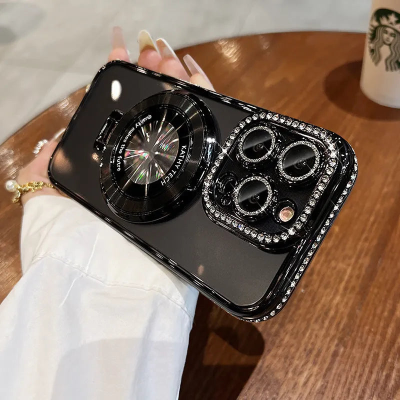 Silicone phone case with magnetic bracket and rhinestone decoration for Apple iPhone models, full coverage fall protection