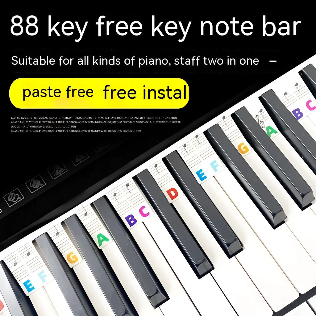 88-key piano keyboard stickers set with colour note bars and black notes labels in OPP bags
