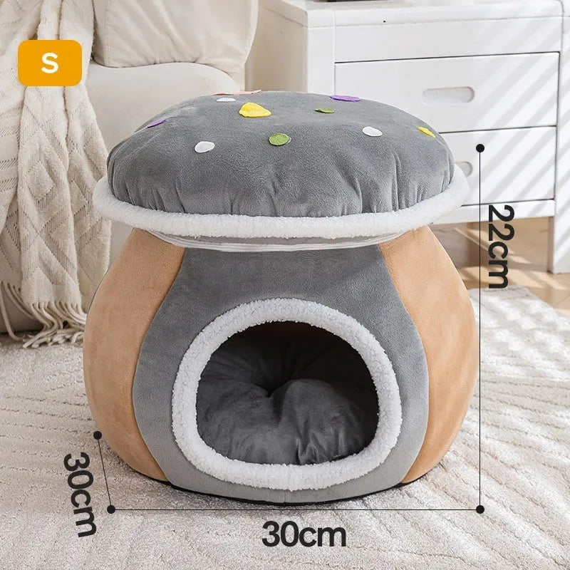 Mushroom-shaped grey plush cat bed with enclosed nest design.