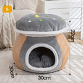 Mushroom-shaped grey plush cat bed with enclosed nest design.