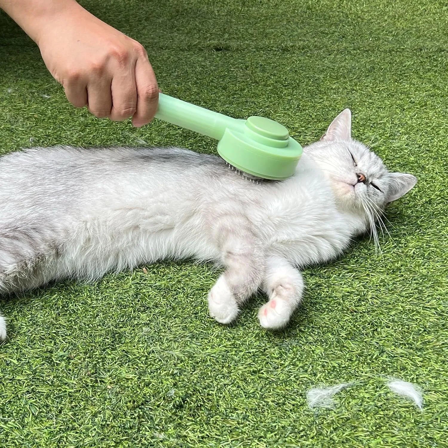 Green 2-in-1 pet grooming brush with stainless steel teeth and hanging loop for cats and dogs