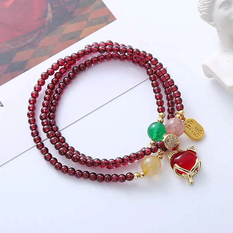 Natural garnet crystal fox bracelet for women in purplish red with adjustable rope