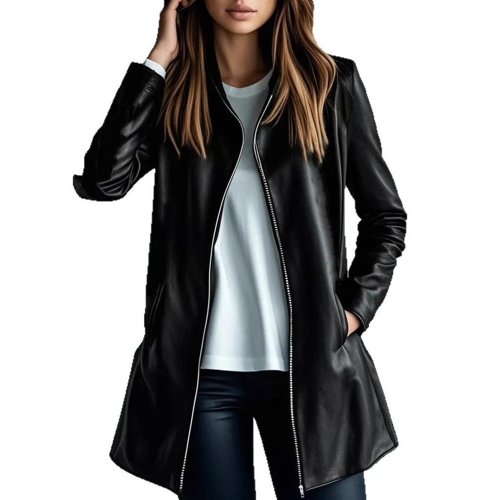 Women's black leather-effect polyester jacket with long sleeves, medium 65cm length, front view