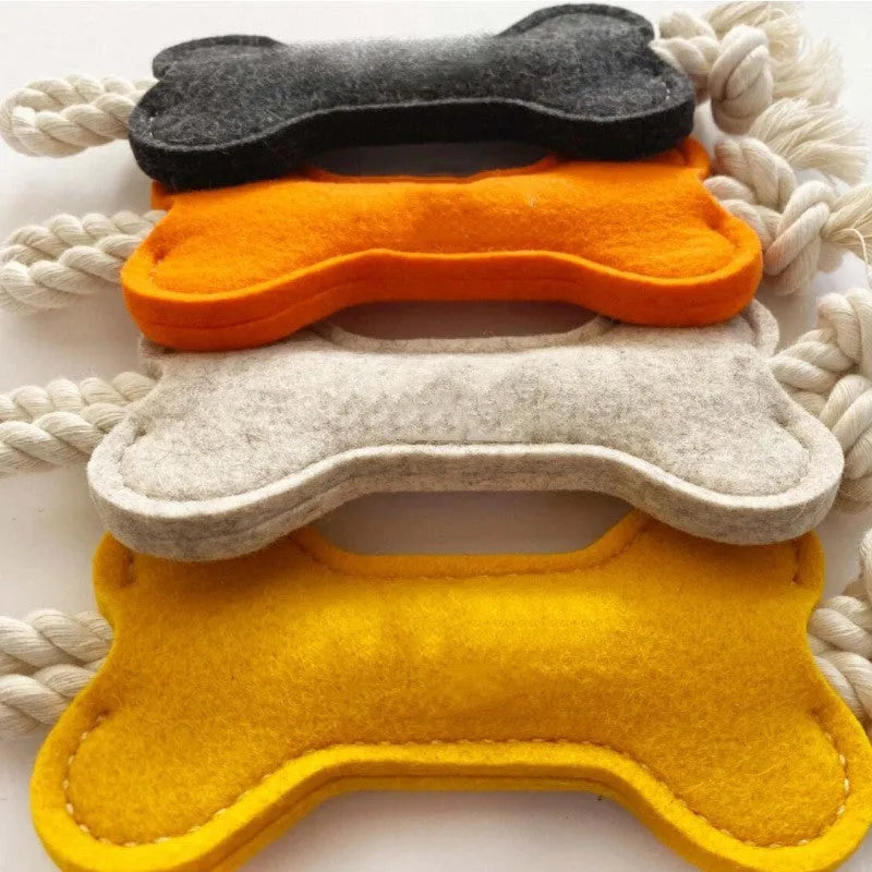 Bone-shaped dog toy with rope knot and felt, 16cm, in four colours