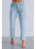 Women's solid colour denim jeans in dark blue and light blue, showing casual fit and hand-worn texture.