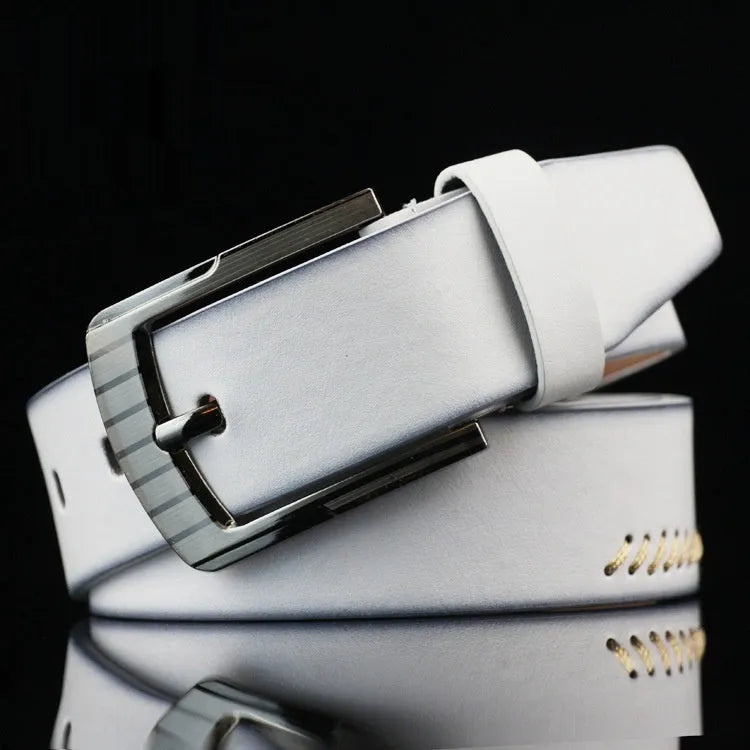 Men's retro-style patterned imitation leather belt with pin buckle in black, white, and brown colour options