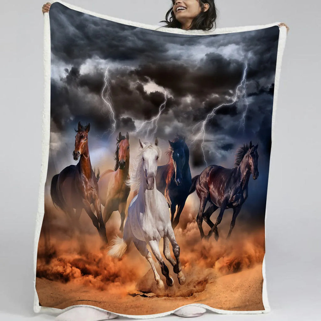 High weight soft warm horse themed lamb wool blanket in black, 130x150cm size, folded on sofa