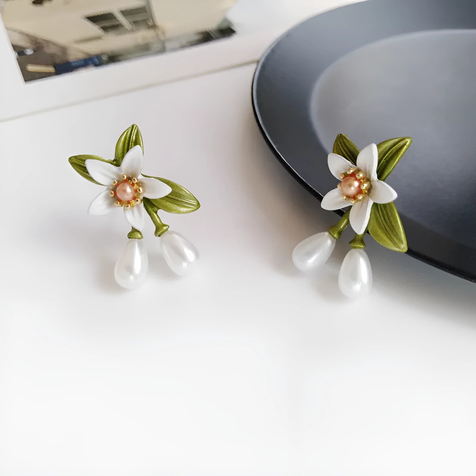 Alloy camellia flower earrings for women, contrast colour, sterling silver needle, stud and clip pairs