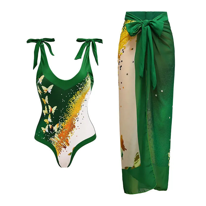 Women's solid colour one-piece swimsuit with spaghetti straps and removable matching skirt