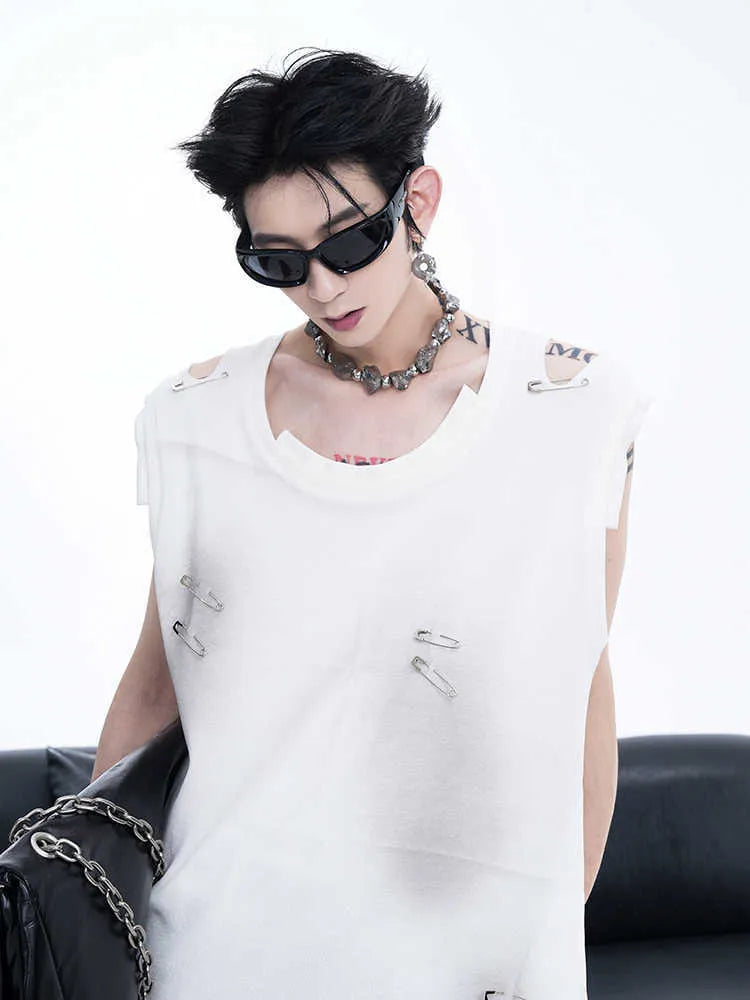 Men's black ripped vest waistcoat with irregular cutting, sleeveless design, round neck.