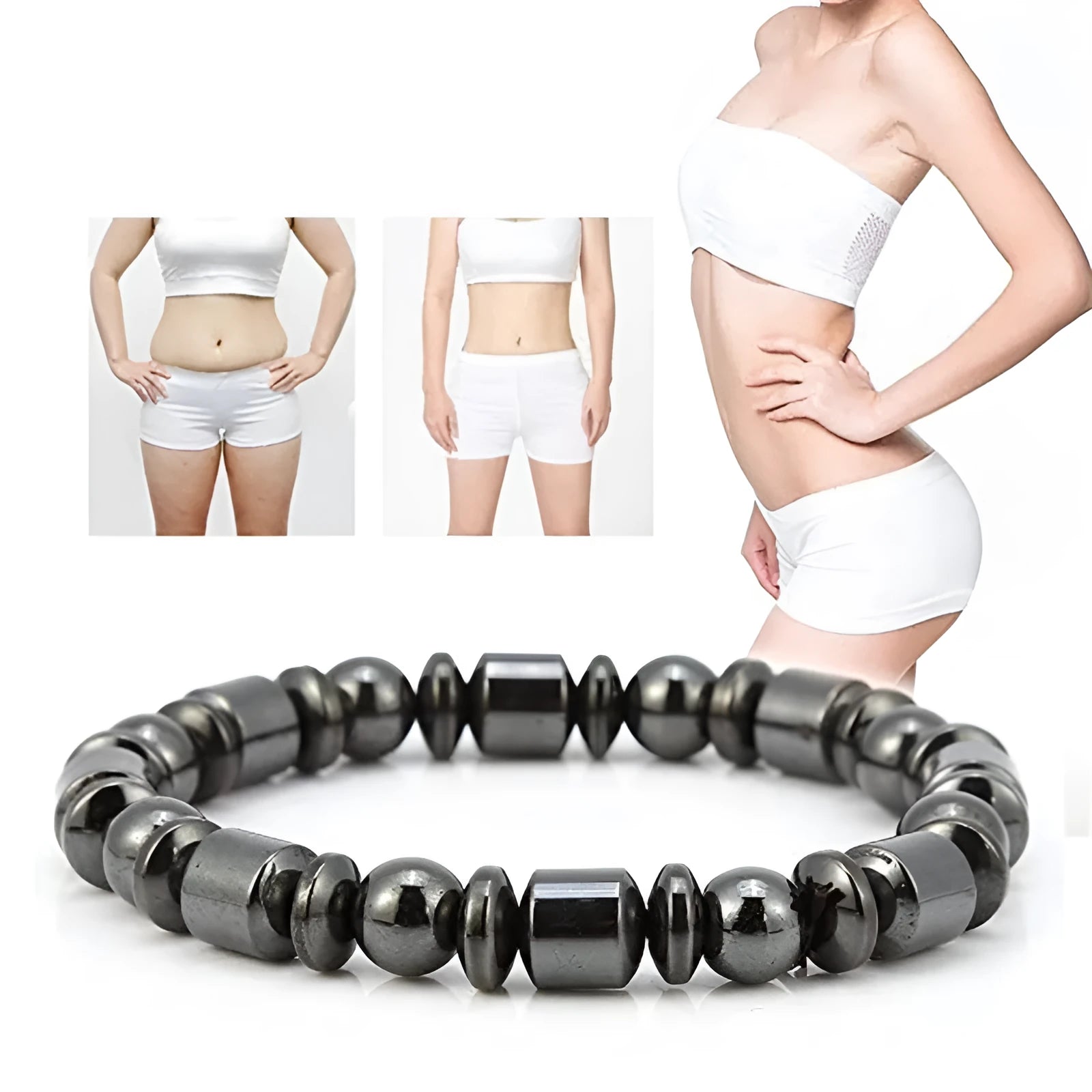 Black pentagram stone magnetic therapy bracelet with a stretch band for men and women.
