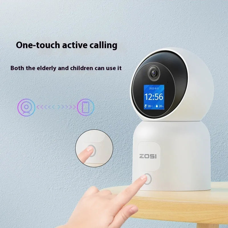 Zhou Shi wireless indoor security camera with large screen on a white plastic housing.
