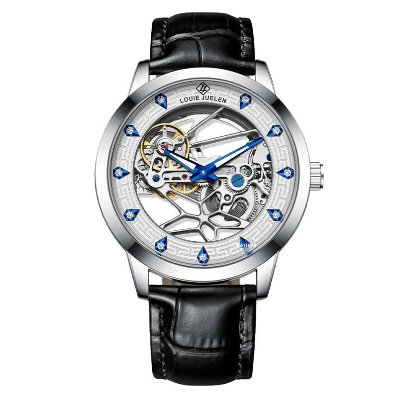 Men's silver stainless steel mechanical watch with white dial, blue luminous hands, and black leather strap